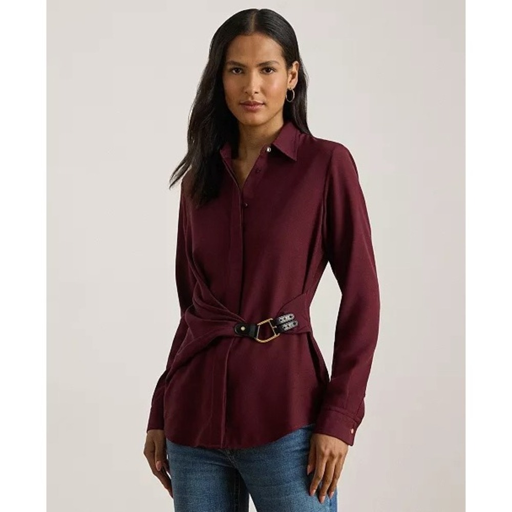 Lauren Ralph Lauren Buckle Trim Top Women 8 Maroon Equestrian Old Money $195 NWT - Picture 5 of 16